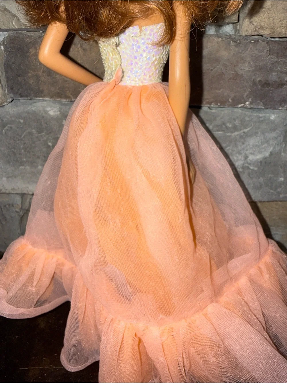 Barbie brunette/red hair earrings wearing Vinatge white peach formal dress